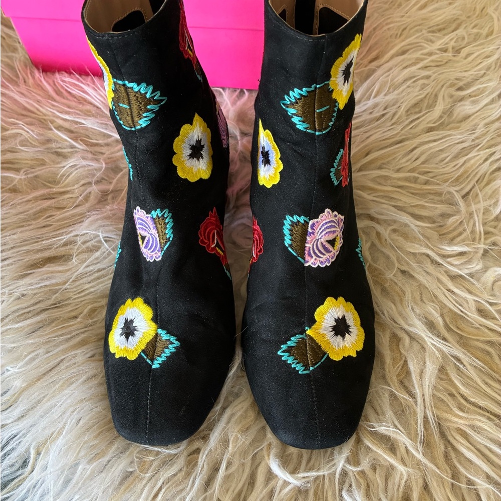 Betsey Johnson Black and Yellow Ankle Booties with Floral Embroidery